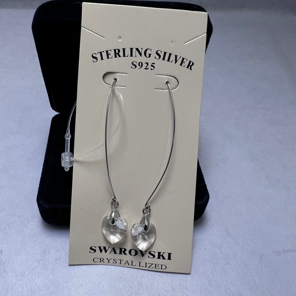 Swarovski Crystallized Sterling Silver S925 Heart Drop Dangle Earrings Clear